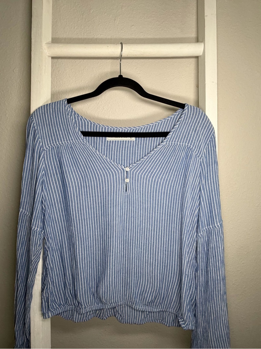 Abercrombie & Fitch Light Blue and White Striped Henley Blouse